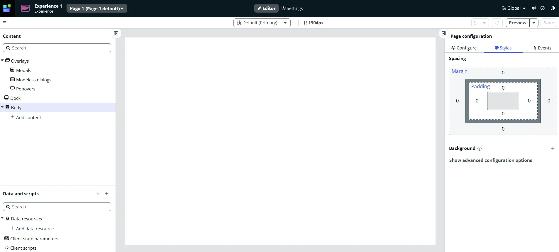 The UI Builder editor with an empty page open: a Content panel and a Data and scripts panel on the left, an empty stage in the middle and the Page configuration panel on the right.