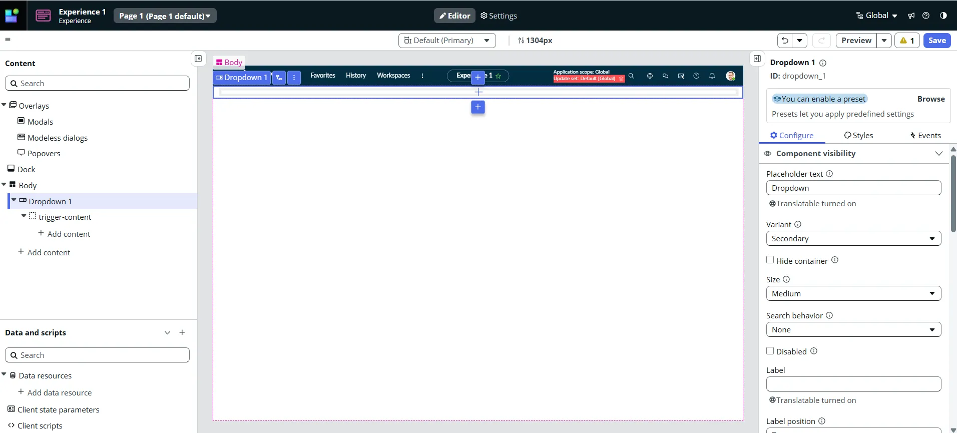 The UI Builder editor with a Dropdown component selected: the Content panel shows Dropdown 1, and the right panel shows its Configure tab.