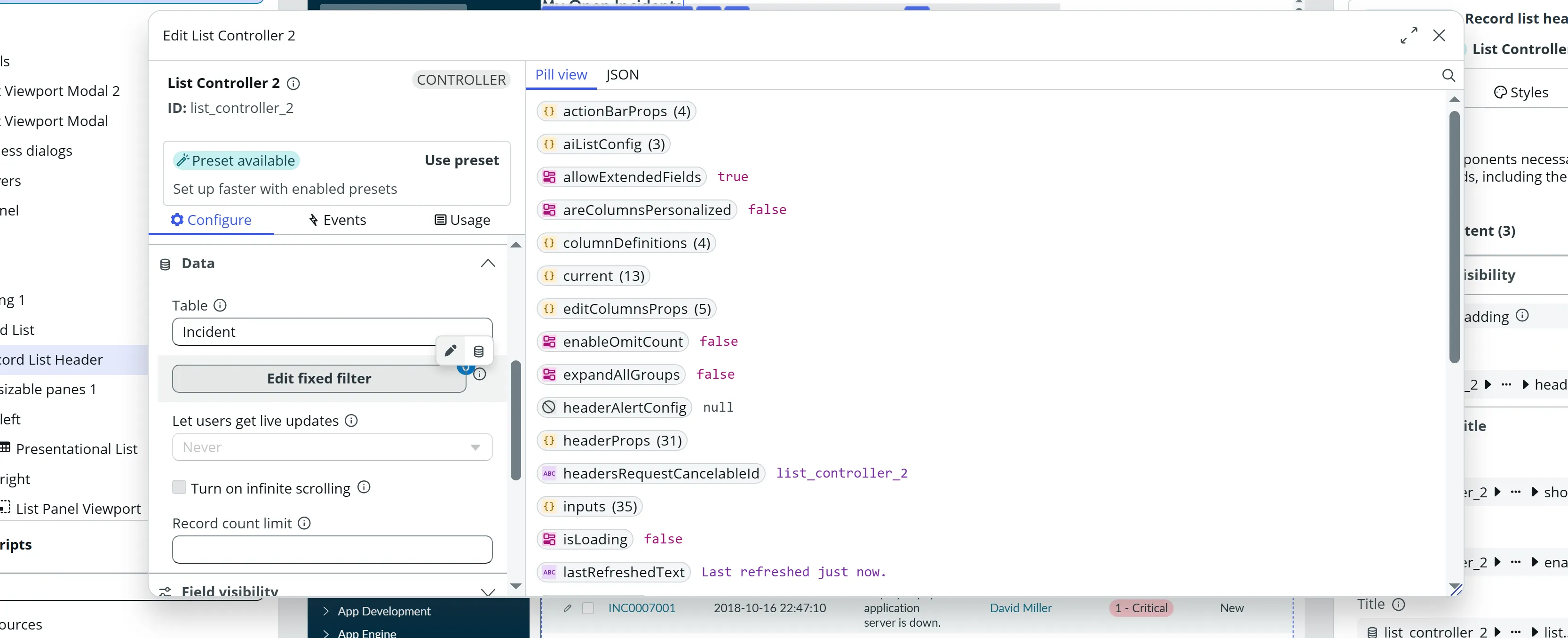 The Edit List Controller window, with Table set to Incident and the Edit fixed filter button in the Data section.